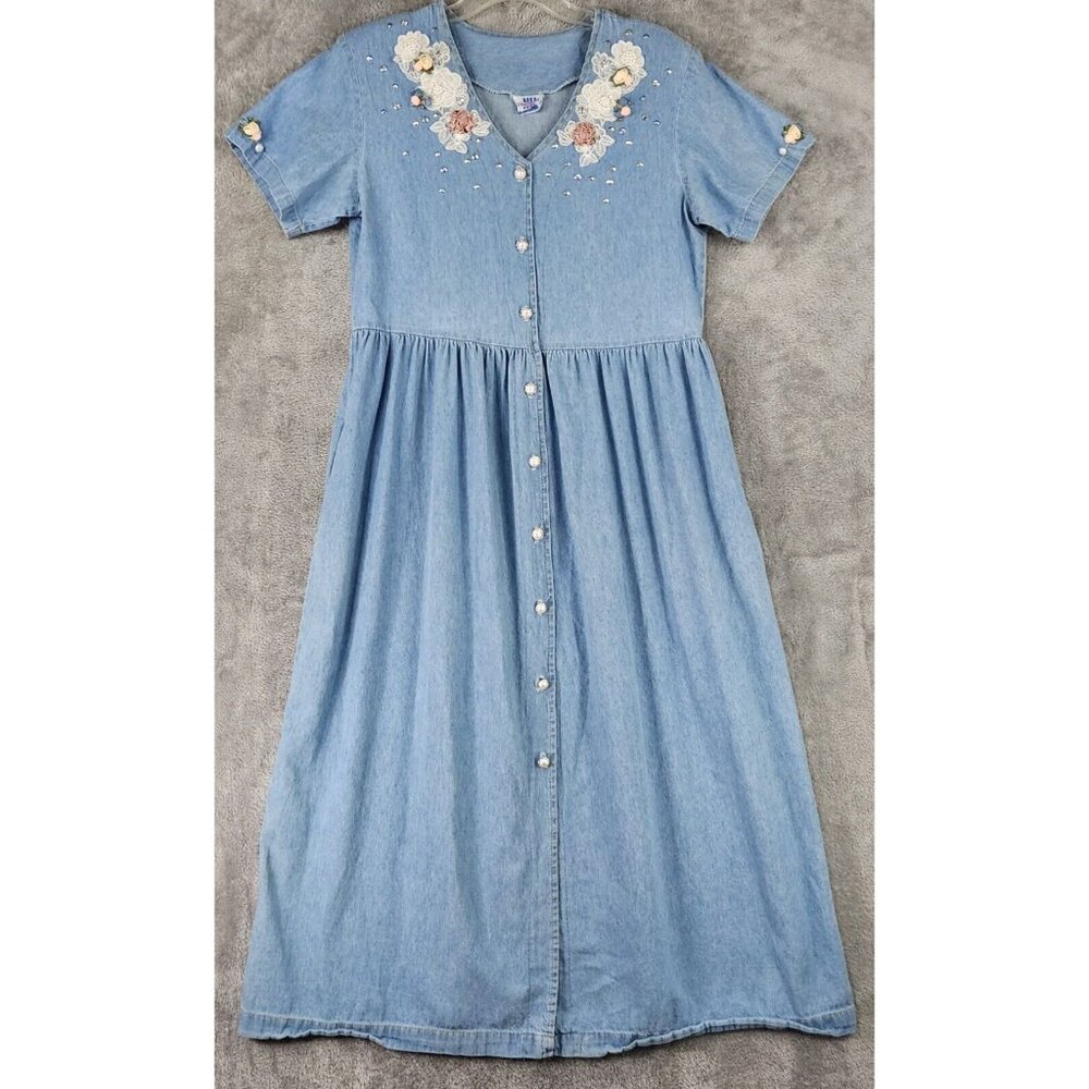 NU Dimension Dress Womens Medium‎ Blue Denim Floral Embroidered Vintage Midi